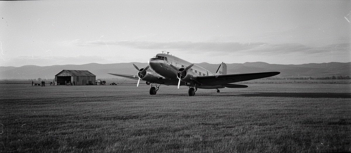 Avion d'aviation ancienne sur un tarmac, années 1950.